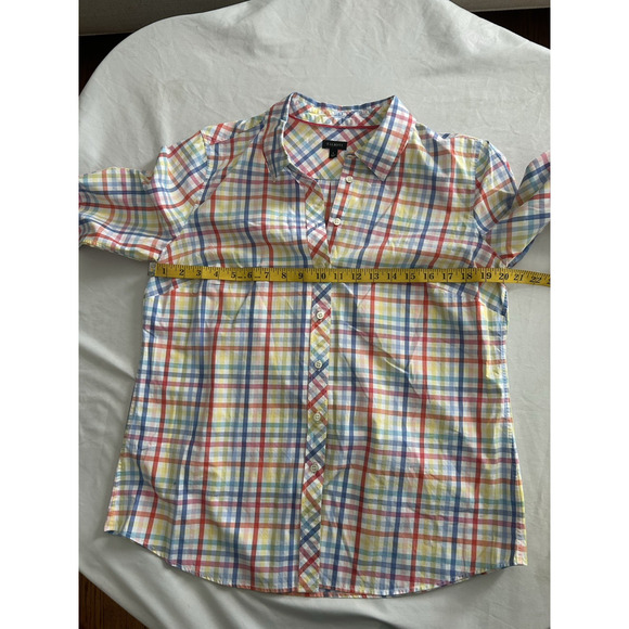 Talbots Plaid Collared Button Front Blouse Womens Size Large Blue Yellow Classic - Picture 5 of 7